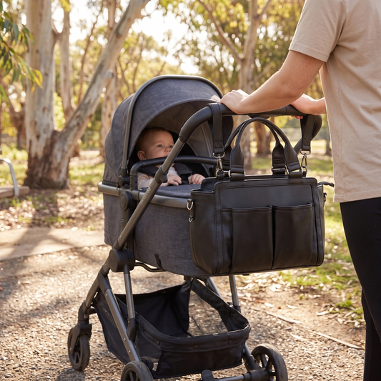 Little Teekie Convertible Pram Caddy | Vegan Leather, Insulated Bottle Pockets – Black – in use, shows scale