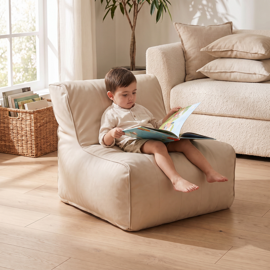 Little Teekie Kids Bean Bag Lounger Cover | Vegan Leather Cube 60cm – Ecru – in use, shows scale