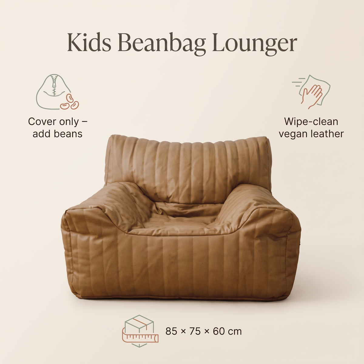 Little Teekie Kids Bean Bag Lounger Cover | Vegan Leather 85x75x60cm with Cotton Insert – Camel – key features