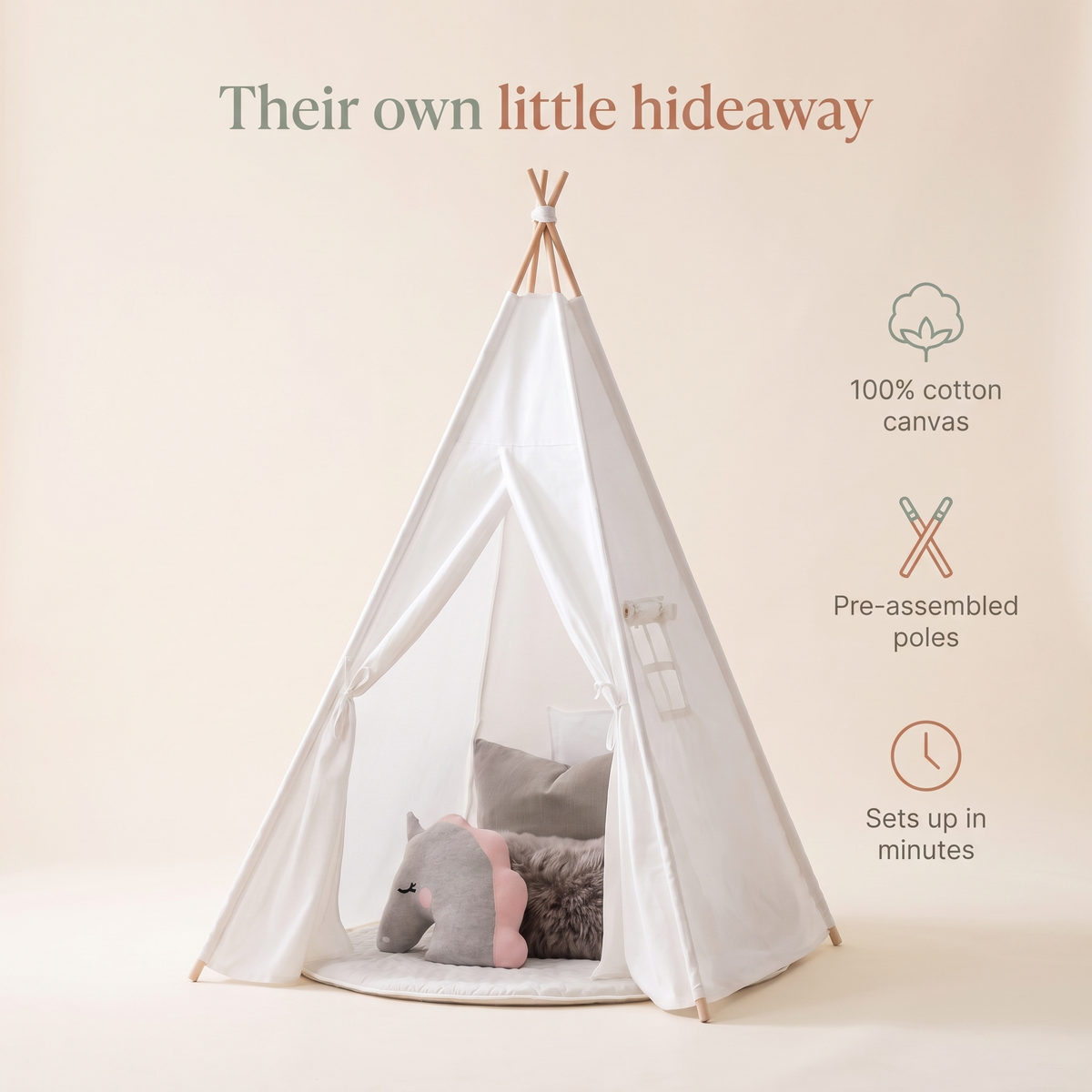 Little Teekie Kids Teepee Play Tent | Cotton Canvas, Pre-Assembled Poles – White – key features