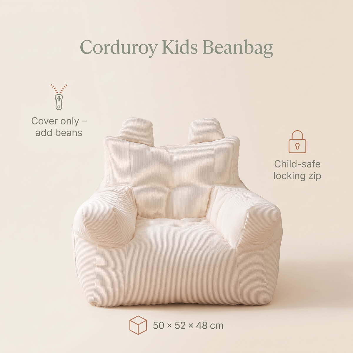 Little Teekie Corduroy Kids Bean Bag Chair Cover | 50x52x48cm with Cotton Insert – Cream – key features