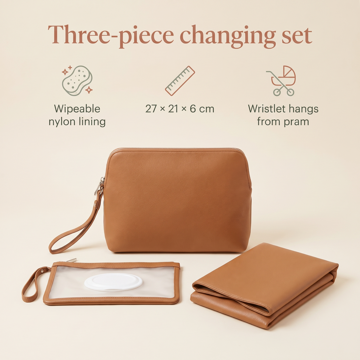 Little Teekie 3-Piece Changing Set | Vegan Leather Clutch Mat, Wipes Case & Pouch – Tan – key features