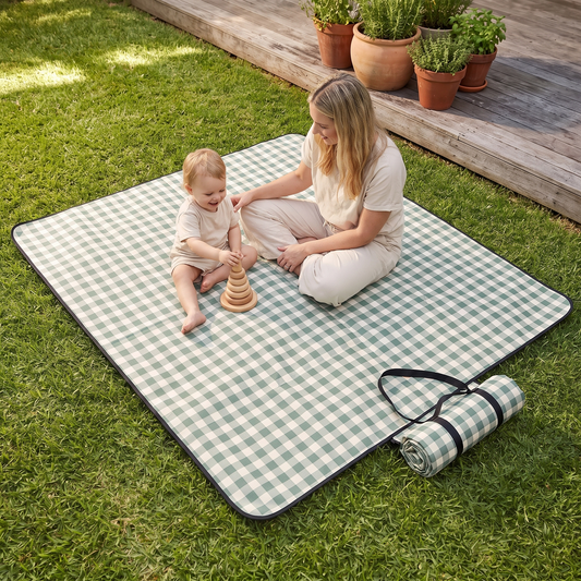 Little Teekie Recycled Waterproof Picnic Blanket | 2x2m with Carry Pouch – Gingham Sage – in use, shows scale