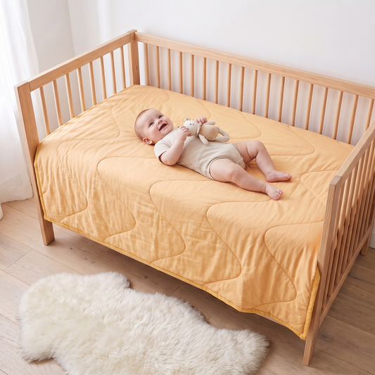 Little Teekie Quilted Bamboo Cotton Cot Bedspread | Plain Dyed, Cot Size – Butter Yellow – in use, shows scale