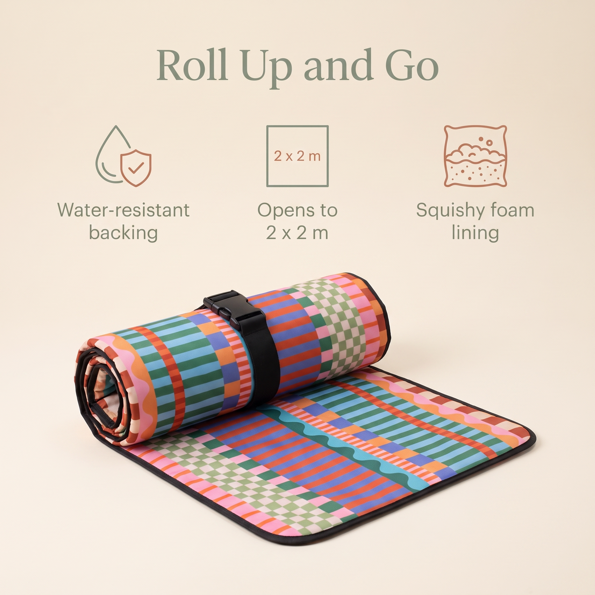 Little Teekie Waterproof Picnic Rug | Roll-Up 2x2m with Foam Lining – Terracotta Stripe – key features