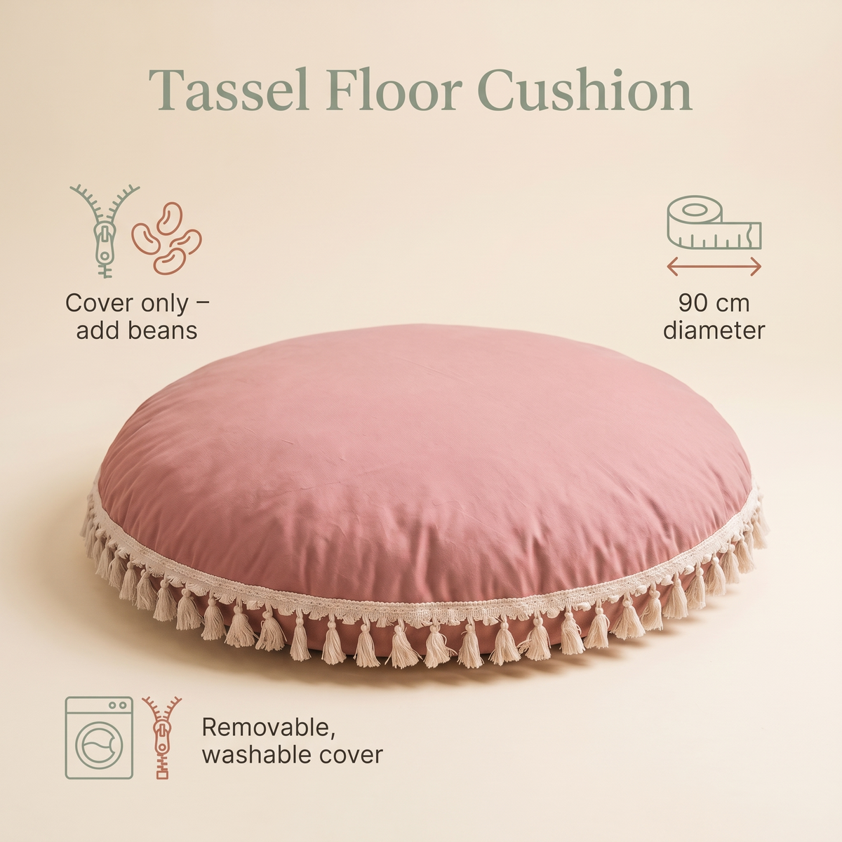 Little Teekie Large Tassel Floor Cushion Cover | Cotton 90cm Kids Floor Pillow – Rose – key features