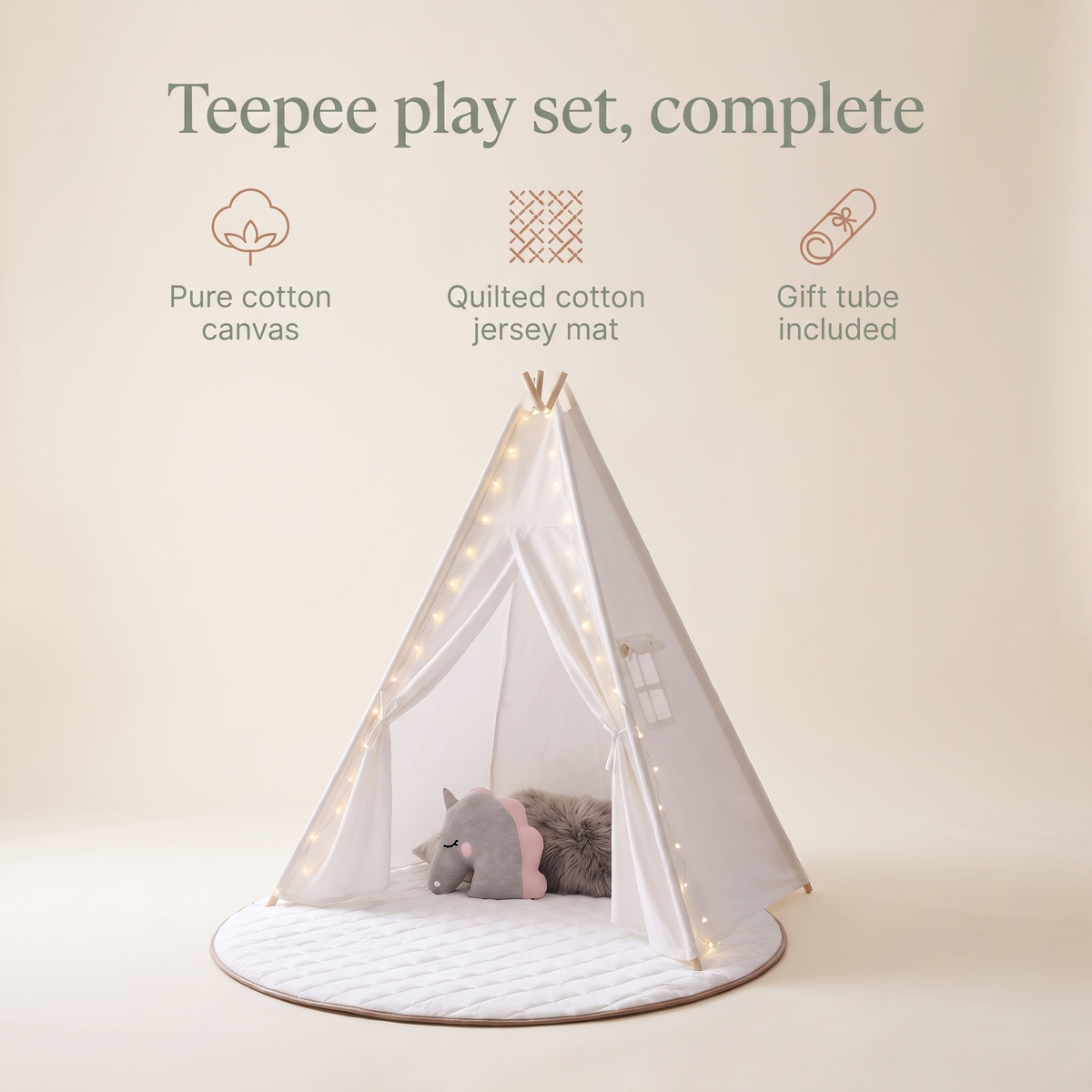 Little Teekie Teepee & Play Mat Bundle | Cotton Canvas Teepee, Round Quilted Mat & USB Fairy Lights – White – key features
