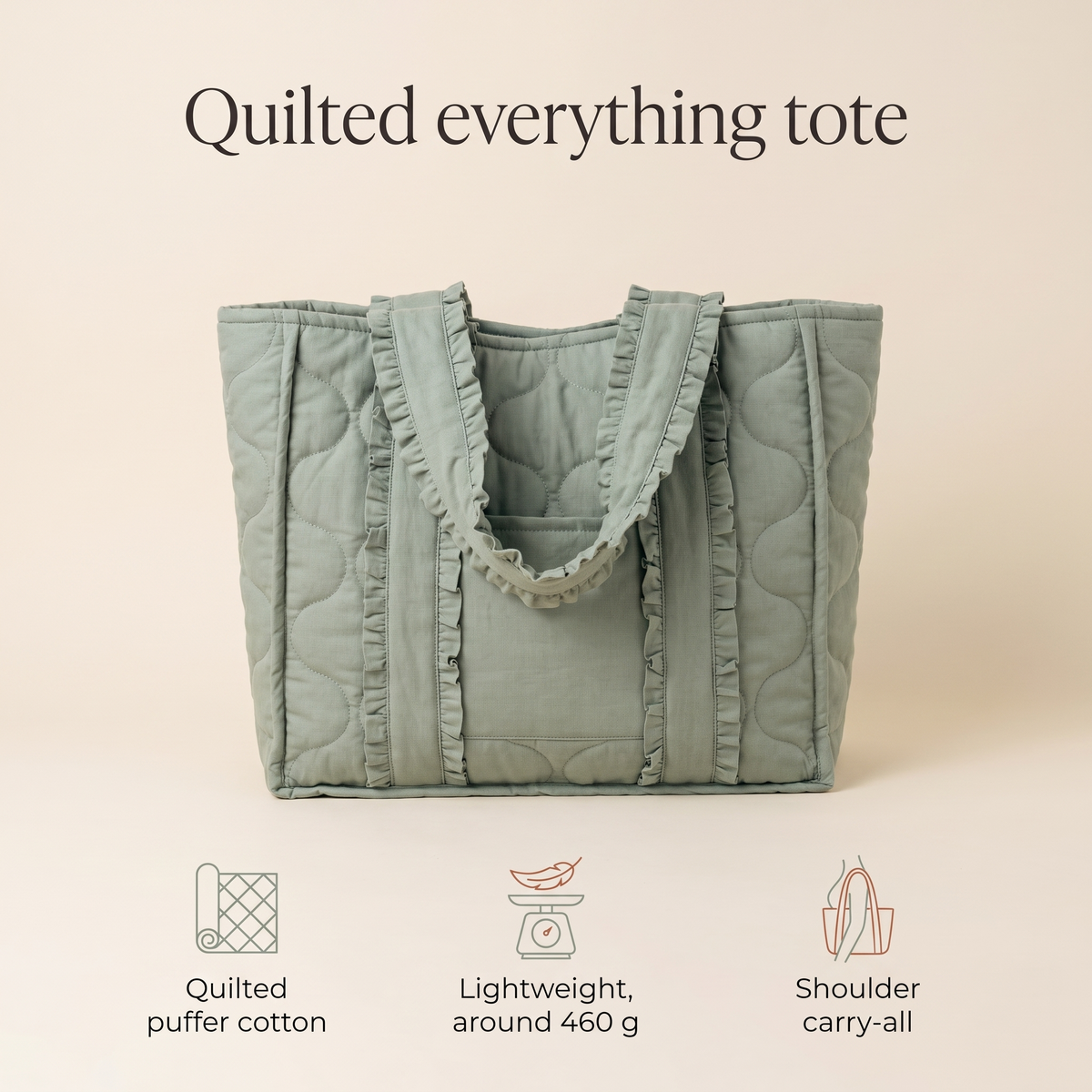 Little Teekie Quilted Nappy Tote | Puffer Cotton, Lightweight Baby Bag – Sage – key features