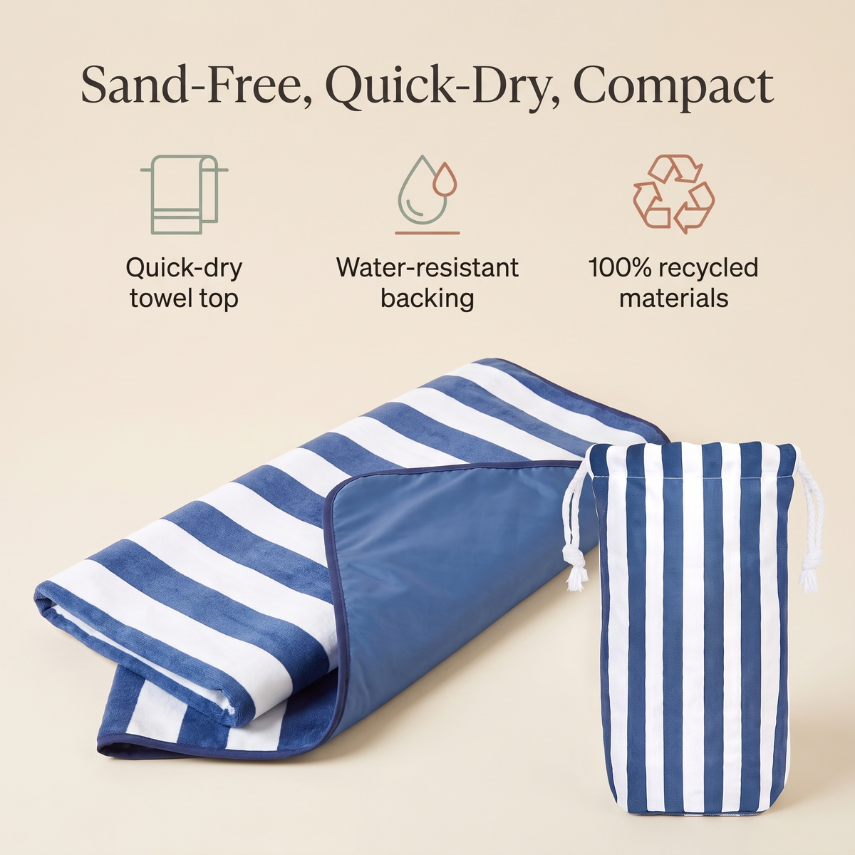 Little Teekie Quick-Dry Picnic Blanket | Sand-Free, Compact with Pouch – Whitsunday Blue Stripe – key features