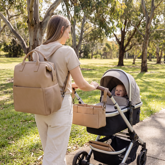 Little Teekie Ultimate Baby Bag Bundle | Nappy Backpack, Pram Caddy & 3-Piece Changing Set – Tan – in use, shows scale