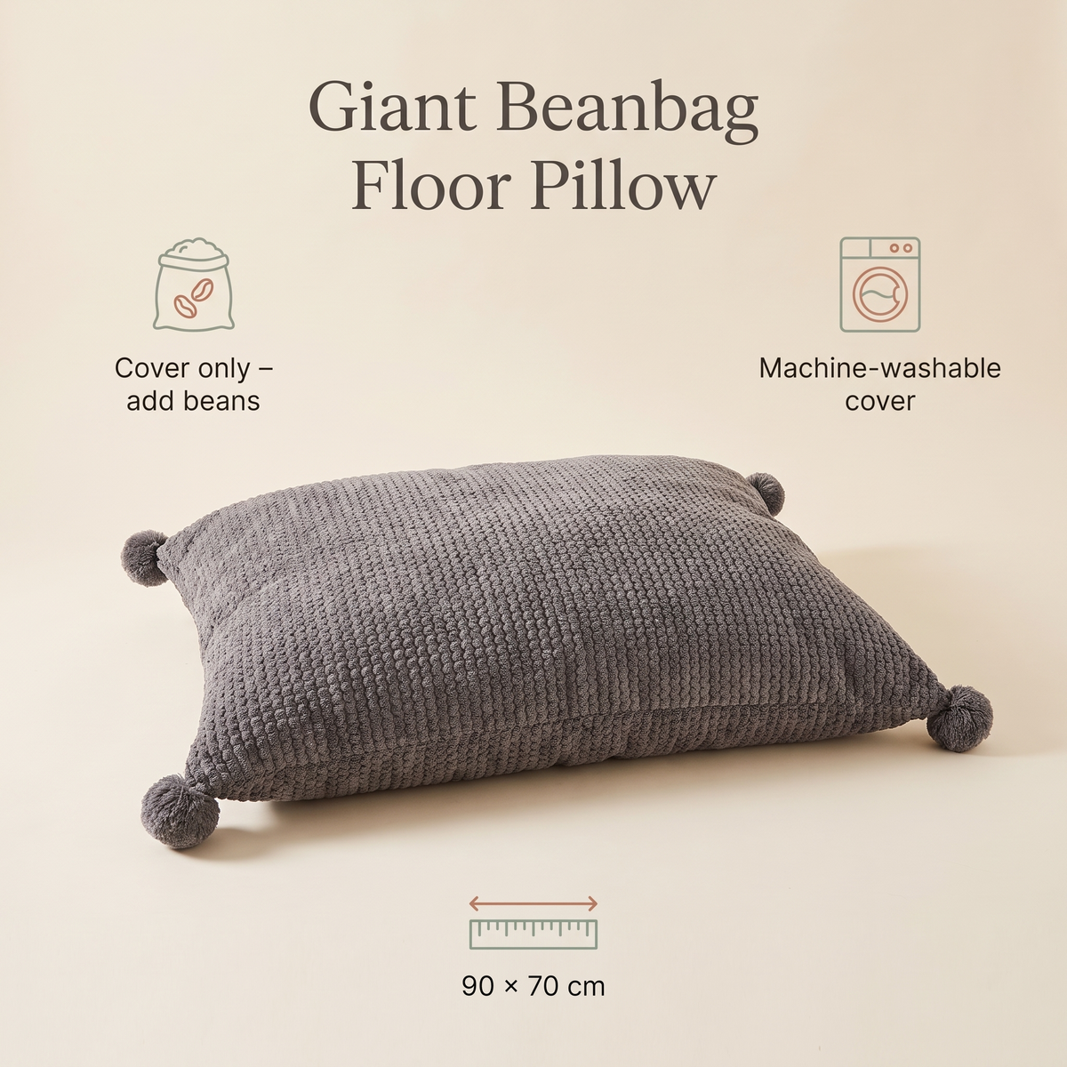 Little Teekie Giant Kids Bean Bag Floor Pillow Cover | Waffle Cord 90x70cm, Machine Washable – Charcoal – key features