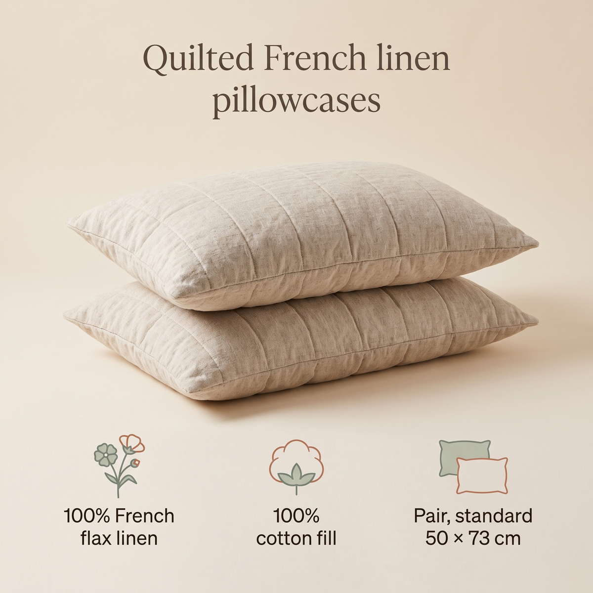 Little Teekie Quilted Linen Pillowcase Pair | Standard 50x73cm, Cotton Fill – Natural – key features
