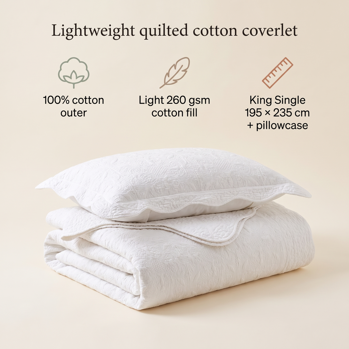 Little Teekie Quilted Cotton Coverlet Set | King Single 195x235cm with Pillowcase – Antique White – key features