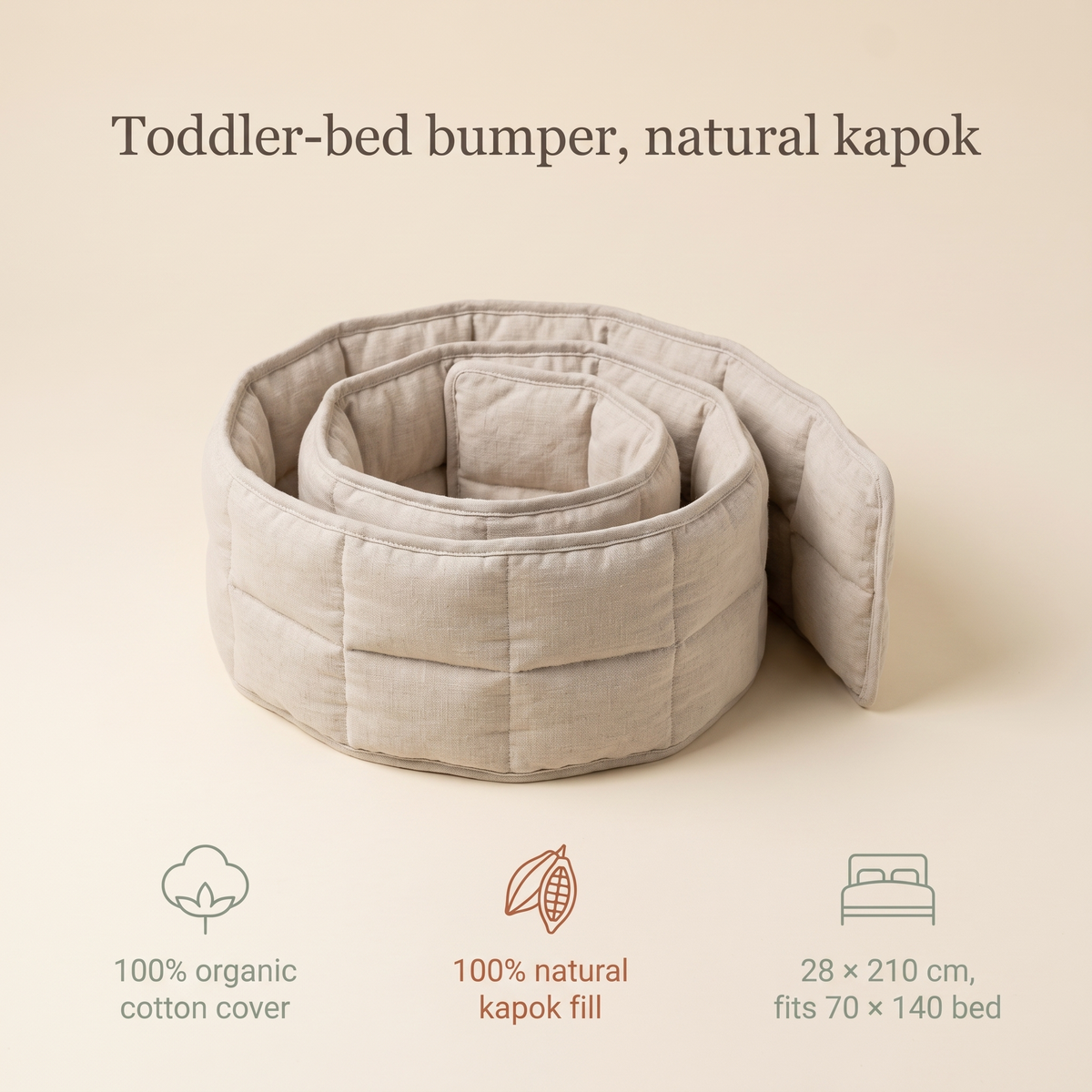 Little Teekie Toddler Bed Bumper | Organic Cotton, Kapok Fill 28x210cm – Oat Linen – key features