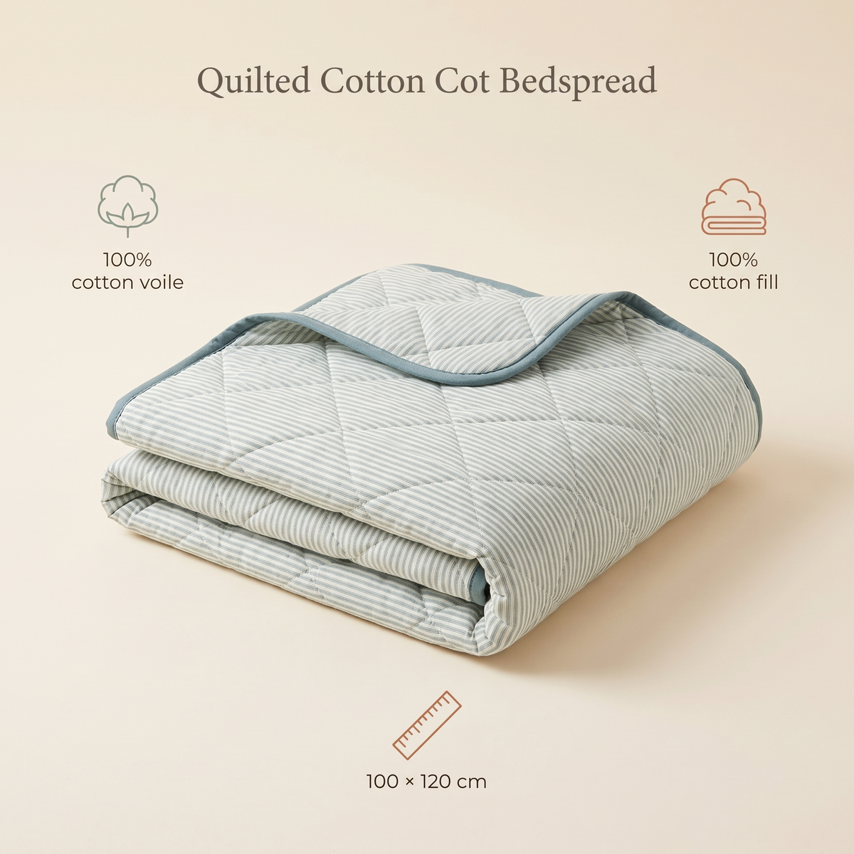 Little Teekie Quilted Cotton Cot Bedspread | Kids Quilt 100x120cm, Cotton Fill – Sage Stripe – key features