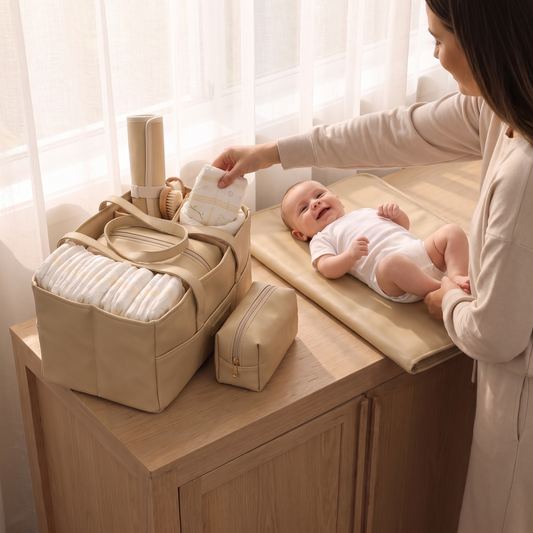 Little Teekie Changing Bundle | Nappy Caddy, Changing Pad & 3-Piece Changing Set – Tan – in use, shows scale