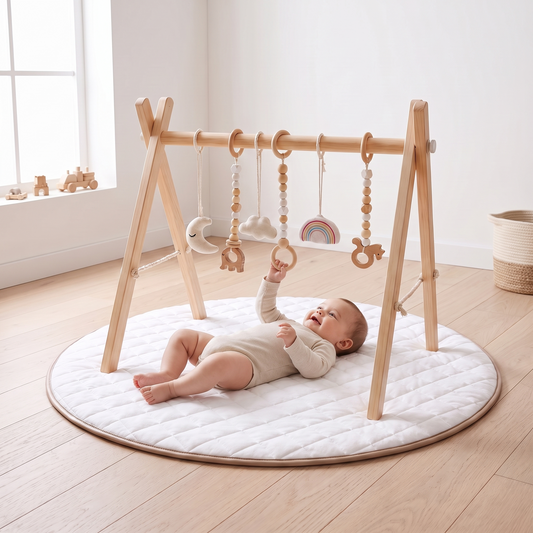 Little Teekie Wooden Play Gym & Mat Bundle | Pinewood Activity Frame & Round Quilted Mat – Natural – in use, shows scale