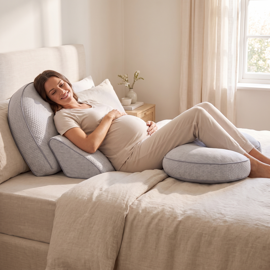 Little Teekie Adjustable Wedge Pregnancy Pillow | 3-Piece Set, Supportive Fill – Linen Look – in use, shows scale