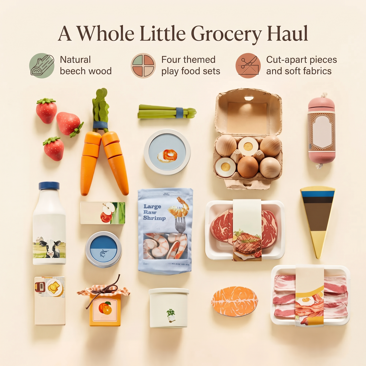Little Teekie Wooden Play Food Bundle | 4 Themed Sets, Beech Wood – Multicolour – key features