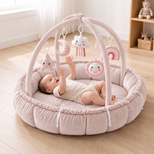 Little Teekie 5-in-1 Plush Baby Play Gym & Activity Mat | 5 Hanging Toys, Tummy Time Pillow – Pink – in use, shows scale
