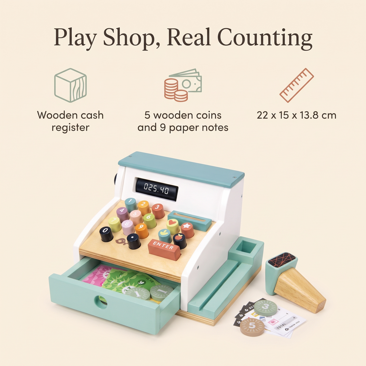 Little Teekie Wooden Play Cash Register | Coins, Notes and Receipts – Multi-Coloured – key features