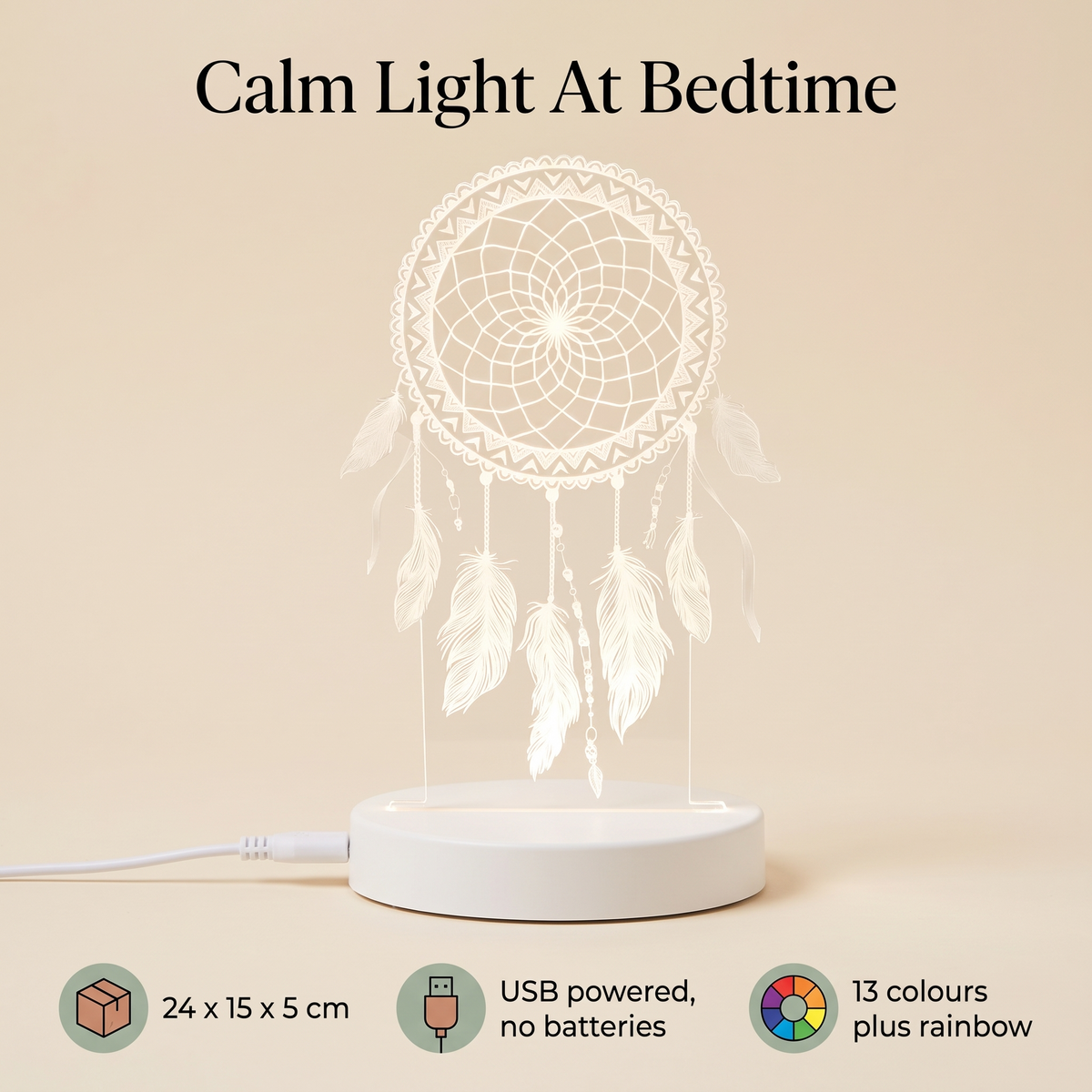 Little Teekie Plug-In LED Night Light | Dream Catcher Design, 24cm, USB – Colour Changing – key features