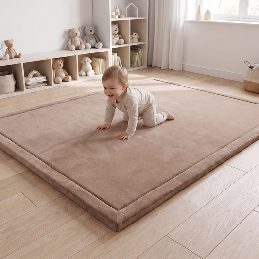 Little Teekie Thick Foam Family Play Rug | 30mm Velvet Top, Waterproof – Light Brown Coffee – in use, shows scale