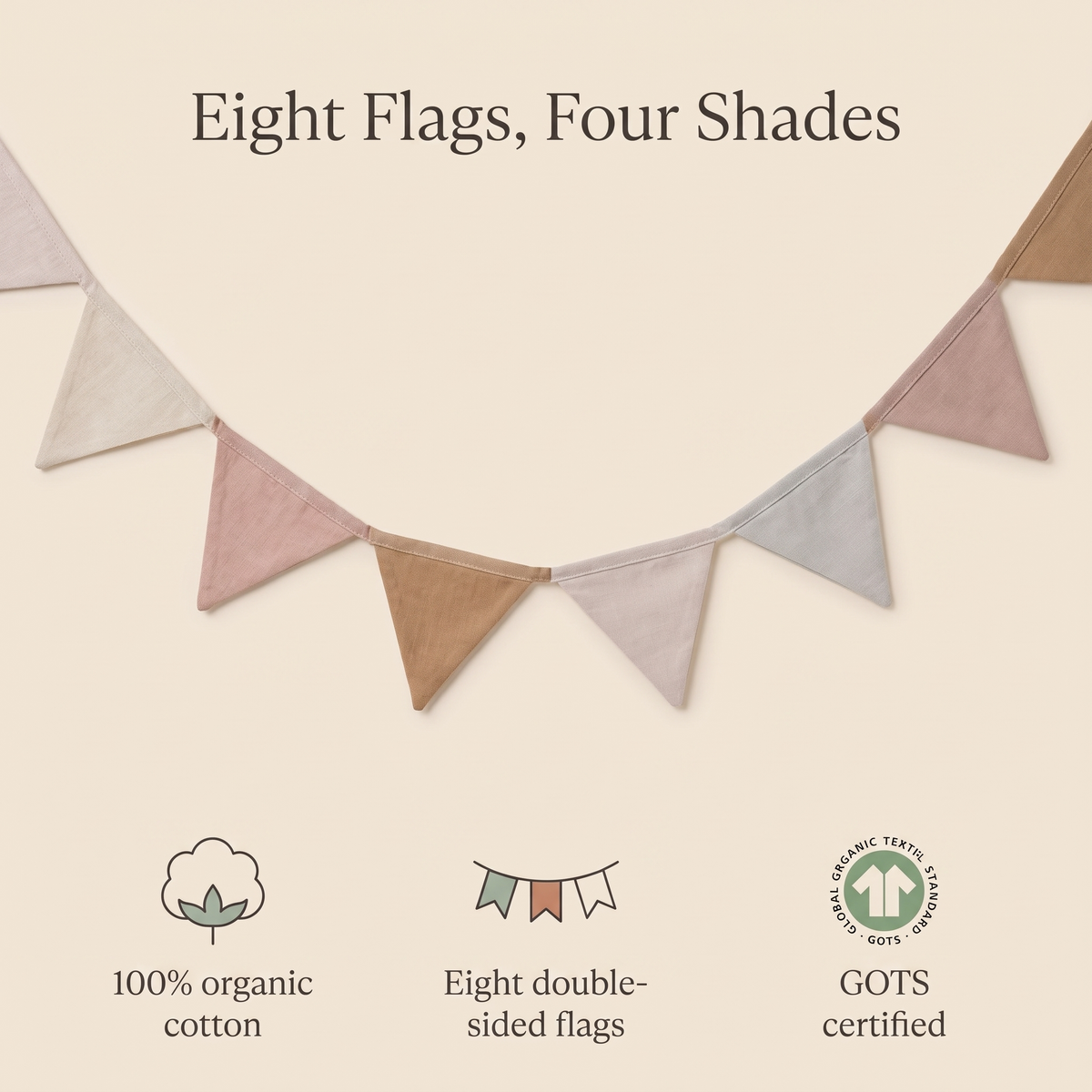 Little Teekie Double-Sided Cotton Bunting | 8 Flags, Organic GOTS Cotton – Birchbark Rose – key features