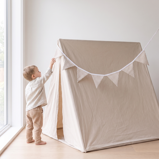 Little Teekie Fabric Bunting Garland | 2.4m, 13cm Flags, Play Tent Accessory – Oat Gingham – in use, shows scale