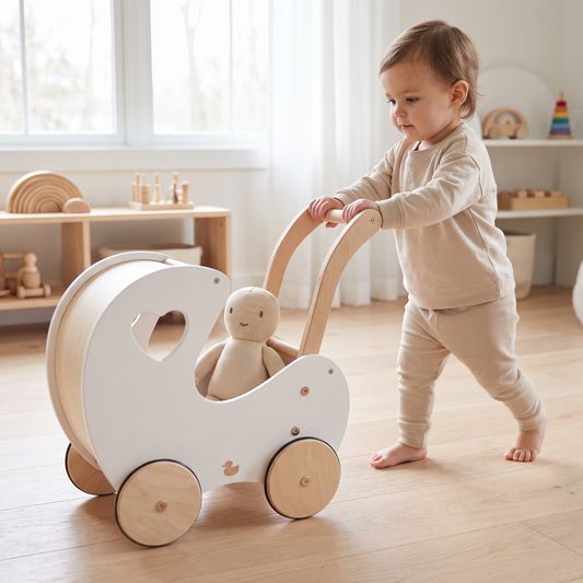 Little Teekie Wooden Doll Pram Walker | Birch Ply, Easy-Grip Handle – White – in use, shows scale