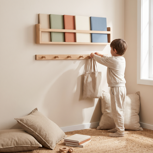 Little Teekie Slim Wooden Peg Rail | Wall-Mounted 60cm, 6 Pegs, Holds 15kg – Tasmanian Oak – in use, shows scale