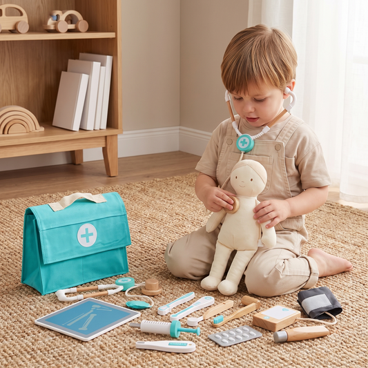 Little Teekie Wooden Doctor Kit | 18 Medical Tools, Non-Toxic Finish – in use, shows scale