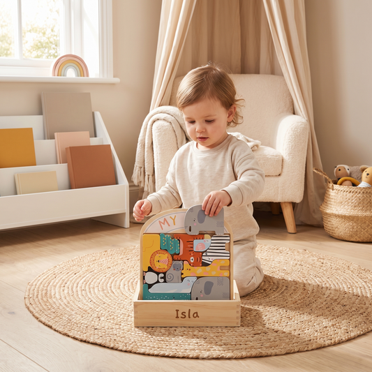 Little Teekie Personalised Wooden Safari Stacker Puzzle | Engraved Name, Zoo Box – Multicolour – in use, shows scale