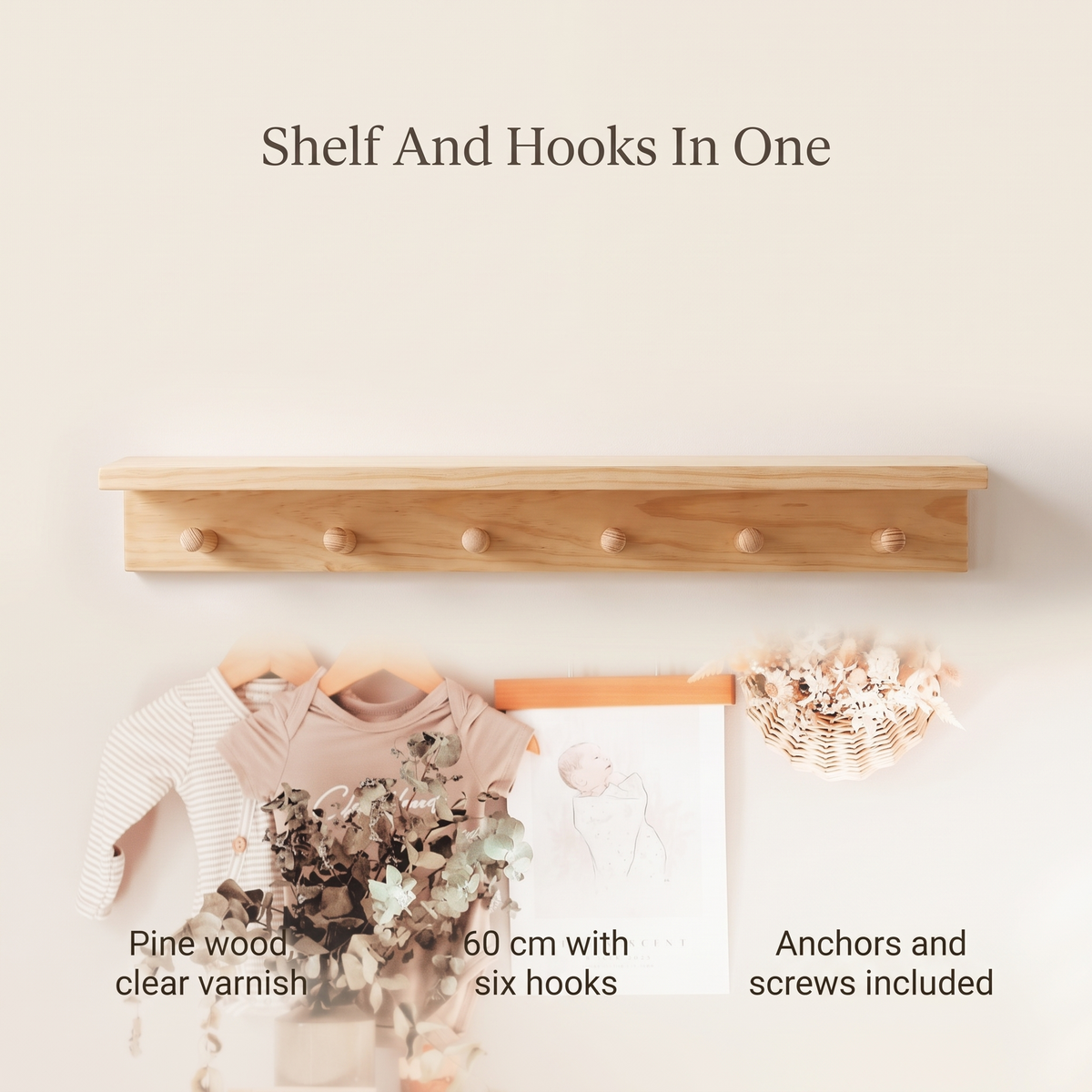 Little Teekie Kids Nursery Shelf with Coat Hooks | Wall-Mounted 60cm, 6 Pegs – Pine – key features