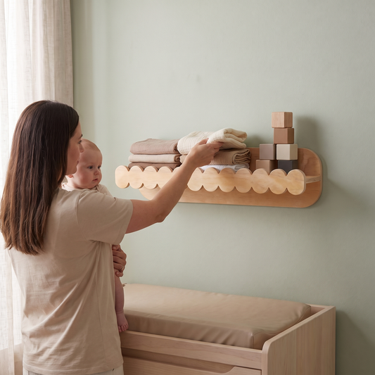 Little Teekie Scalloped Floating Wall Shelf | 60 x 12 x 10 cm Plywood – Natural Wood – in use, shows scale