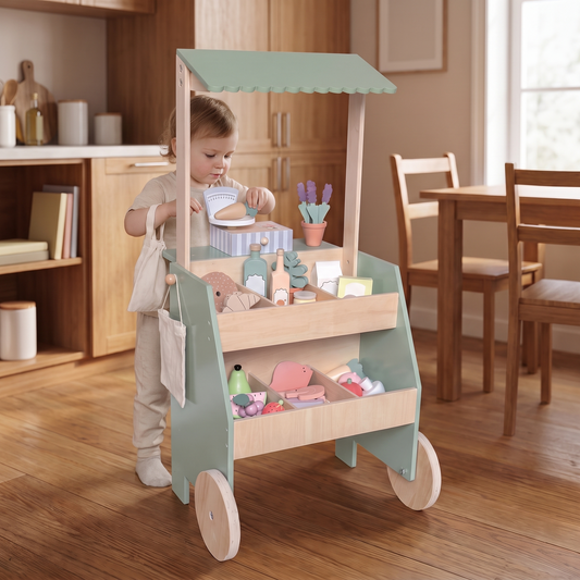 Little Teekie Wooden Market Stall | 78cm Tall, Scales, Till and 28 Food Pieces – in use, shows scale