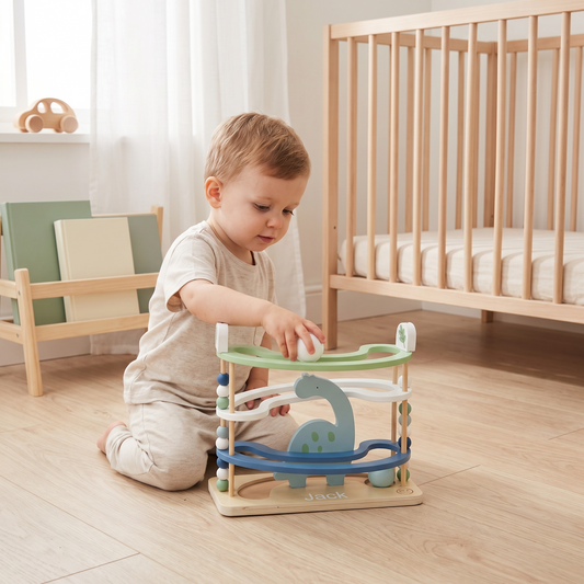 Little Teekie Personalised Wooden Dino Ball Runner | Name Detail, 31cm Four-Storey – Green – in use, shows scale