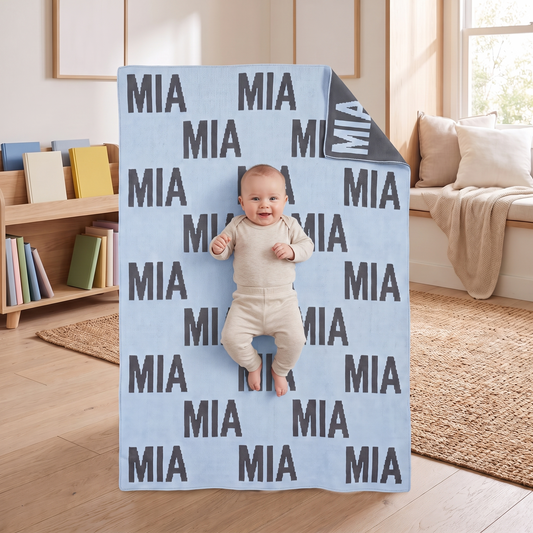 Little Teekie Personalised Cot Baby Blanket | Knitted Name, 150 x 90cm Cotton – in use, shows scale