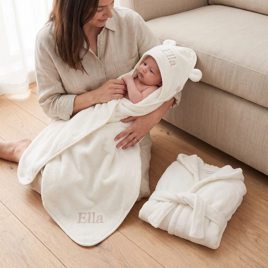 Little Teekie Personalised Hooded Towel & Robe Gift Set | Embroidered Name, Cotton – Ivory – in use, shows scale