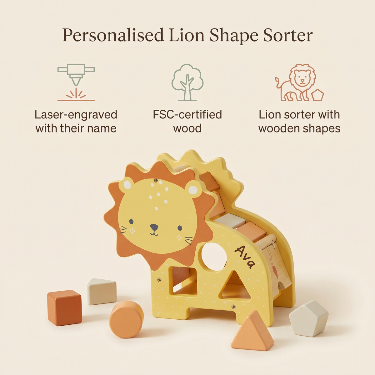 Little Teekie Personalised Wooden Lion Shape Sorter | Engraved Name, FSC Timber – Multicolour – key features