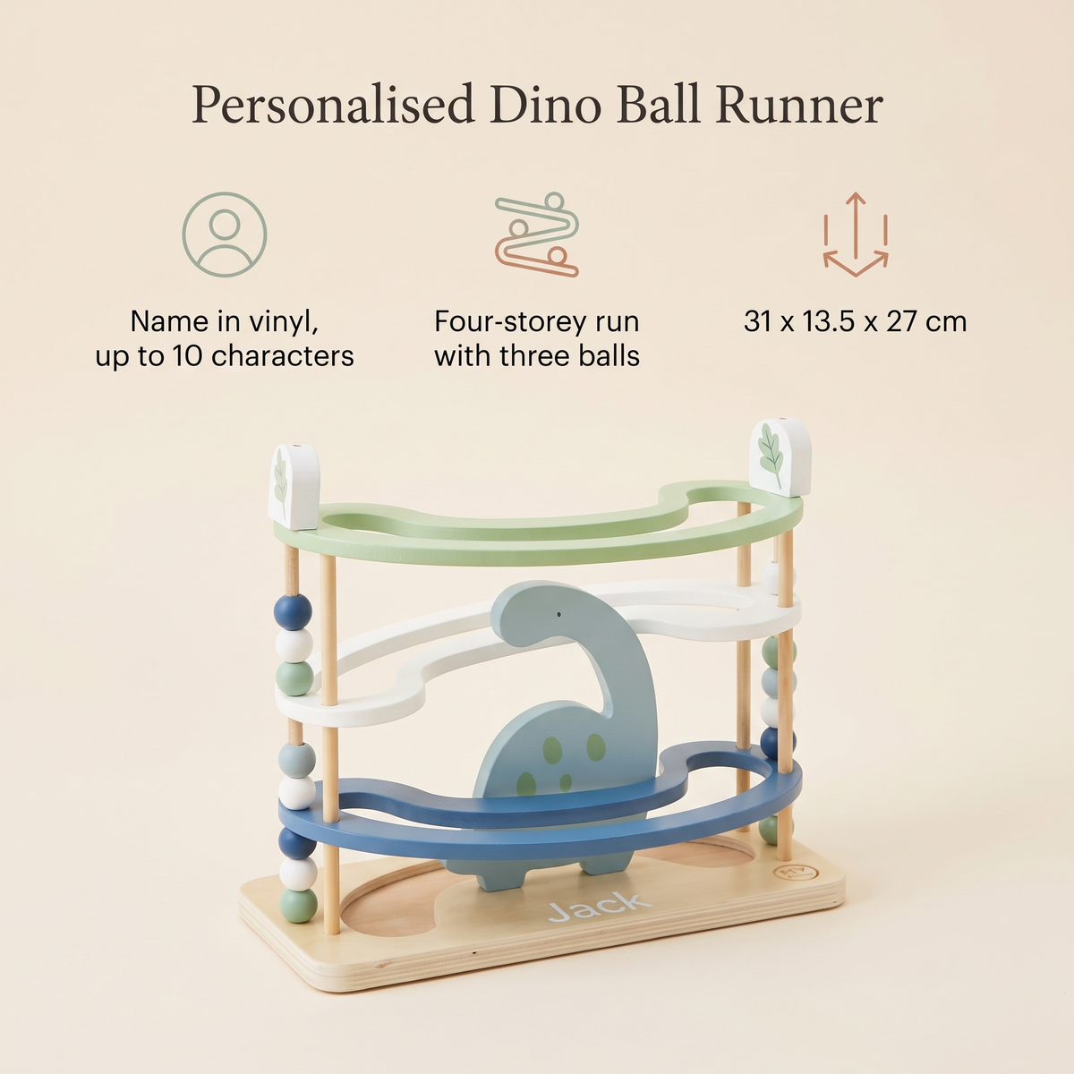 Little Teekie Personalised Wooden Dino Ball Runner | Name Detail, 31cm Four-Storey – Green – key features