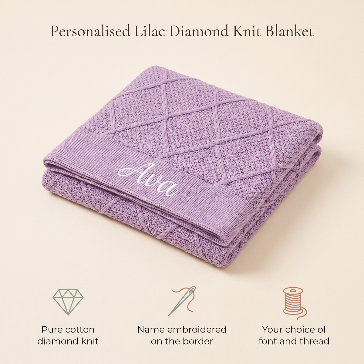 Little Teekie Personalised Diamond Knit Baby Blanket | Embroidered Name, Pure Cotton – Lilac – key features