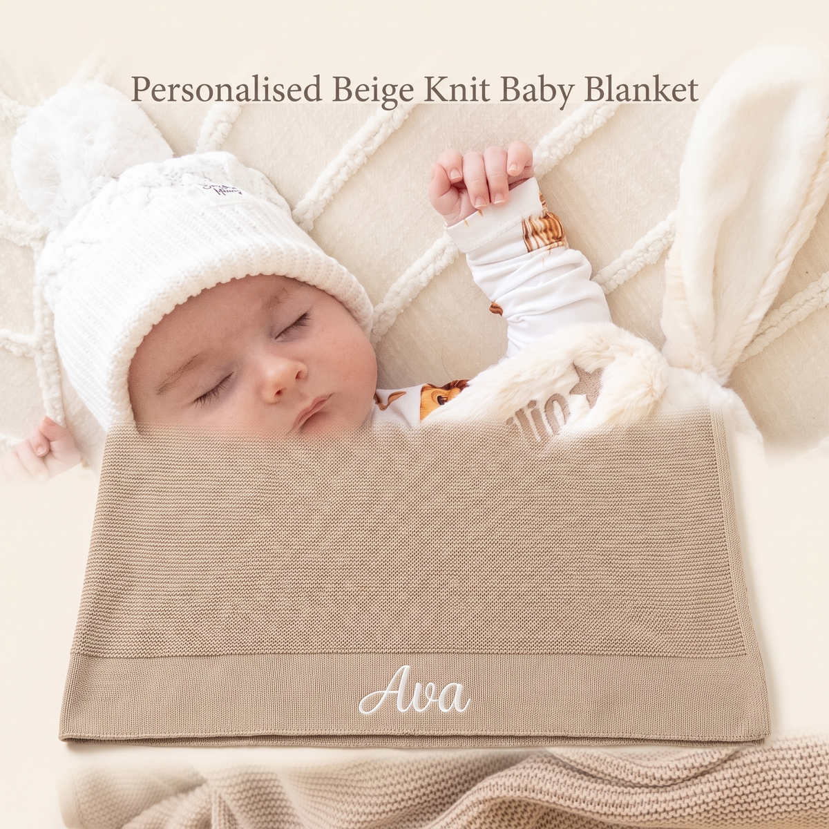 Little Teekie Personalised Knitted Baby Blanket | Embroidered Name, 80 x 100cm – Beige – key features