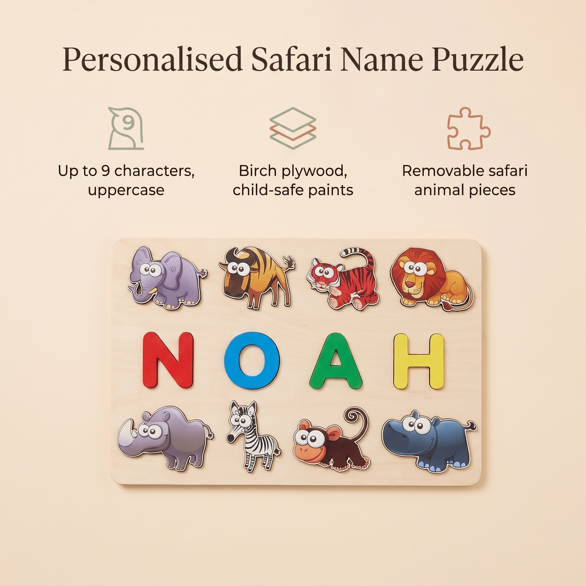 Little Teekie Personalised Safari Animal Name Puzzle | Up to 9 Letters, Birch Plywood – Multicolour – key features