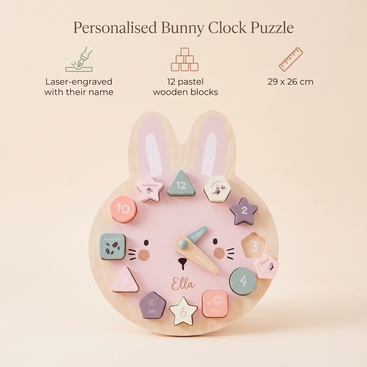Little Teekie Personalised Bunny Clock Puzzle | Laser Engraved Name, 29 x 26cm FSC Timber – Pastel – key features