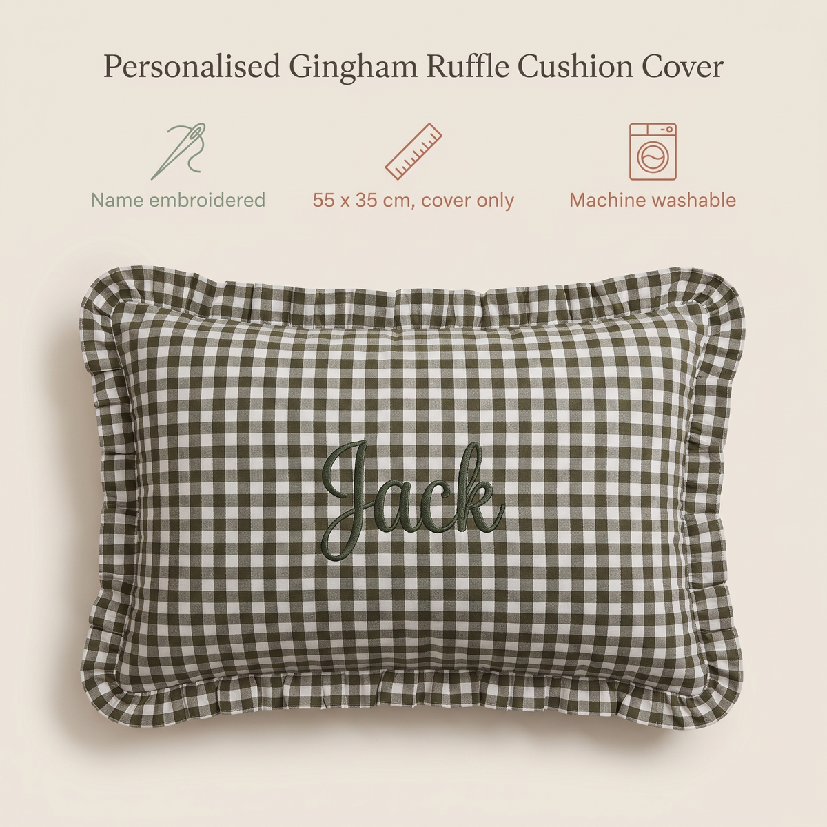 Little Teekie Personalised Gingham Ruffle Cushion Cover | Embroidered Name, 55 x 35cm – Olive Green – key features