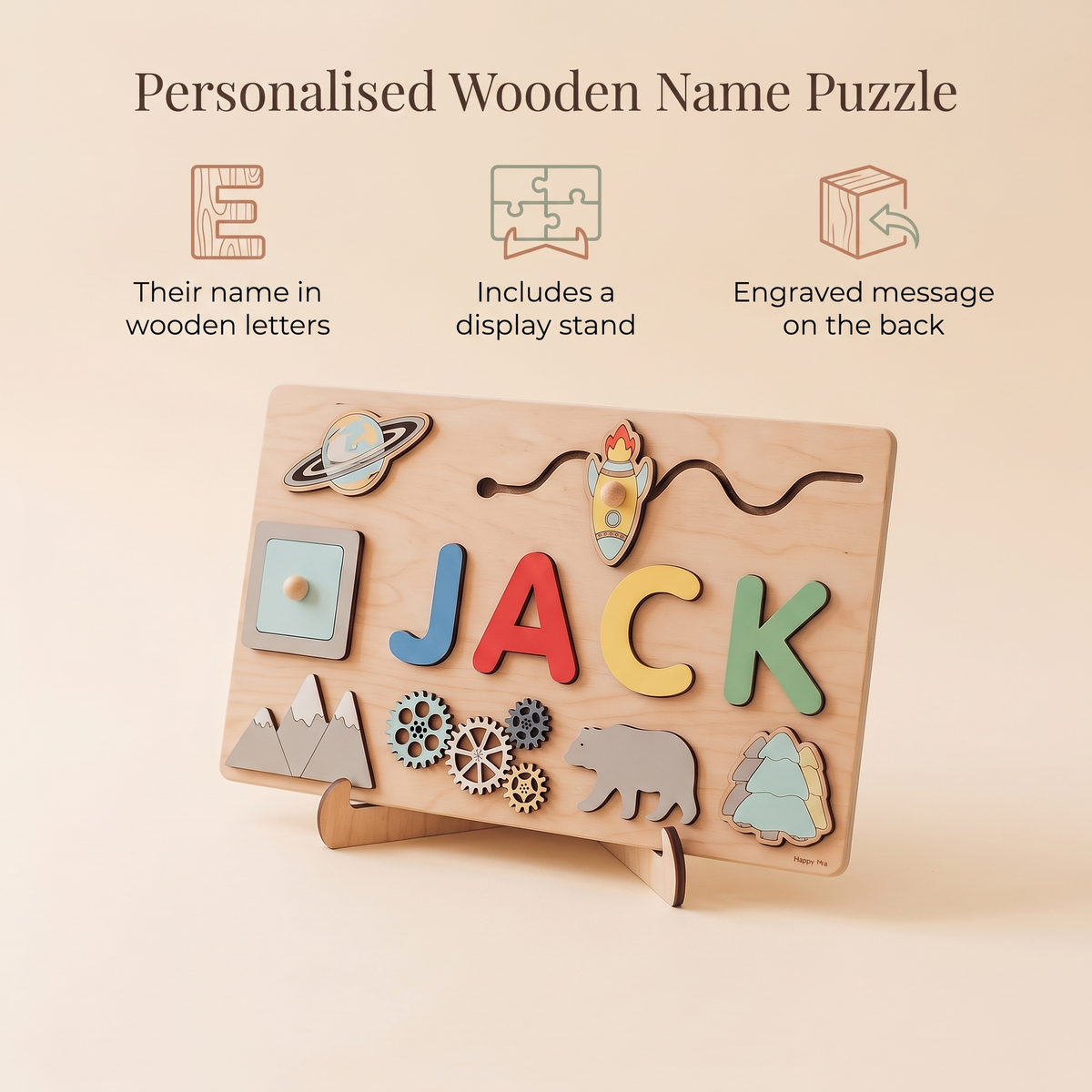 Little Teekie Personalised Wooden Name Puzzle | Engraved Message, Board with Stand – Assorted Colours – key features