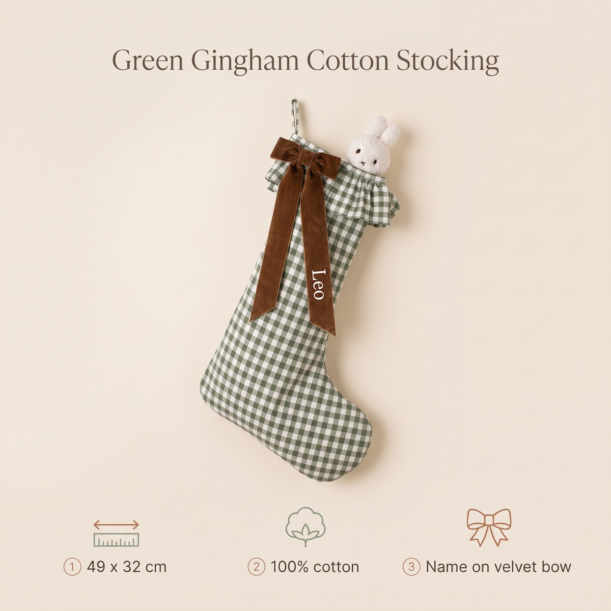 Little Teekie Personalised Gingham Christmas Stocking | Velvet Bow Name, 49x32cm – Green – key features