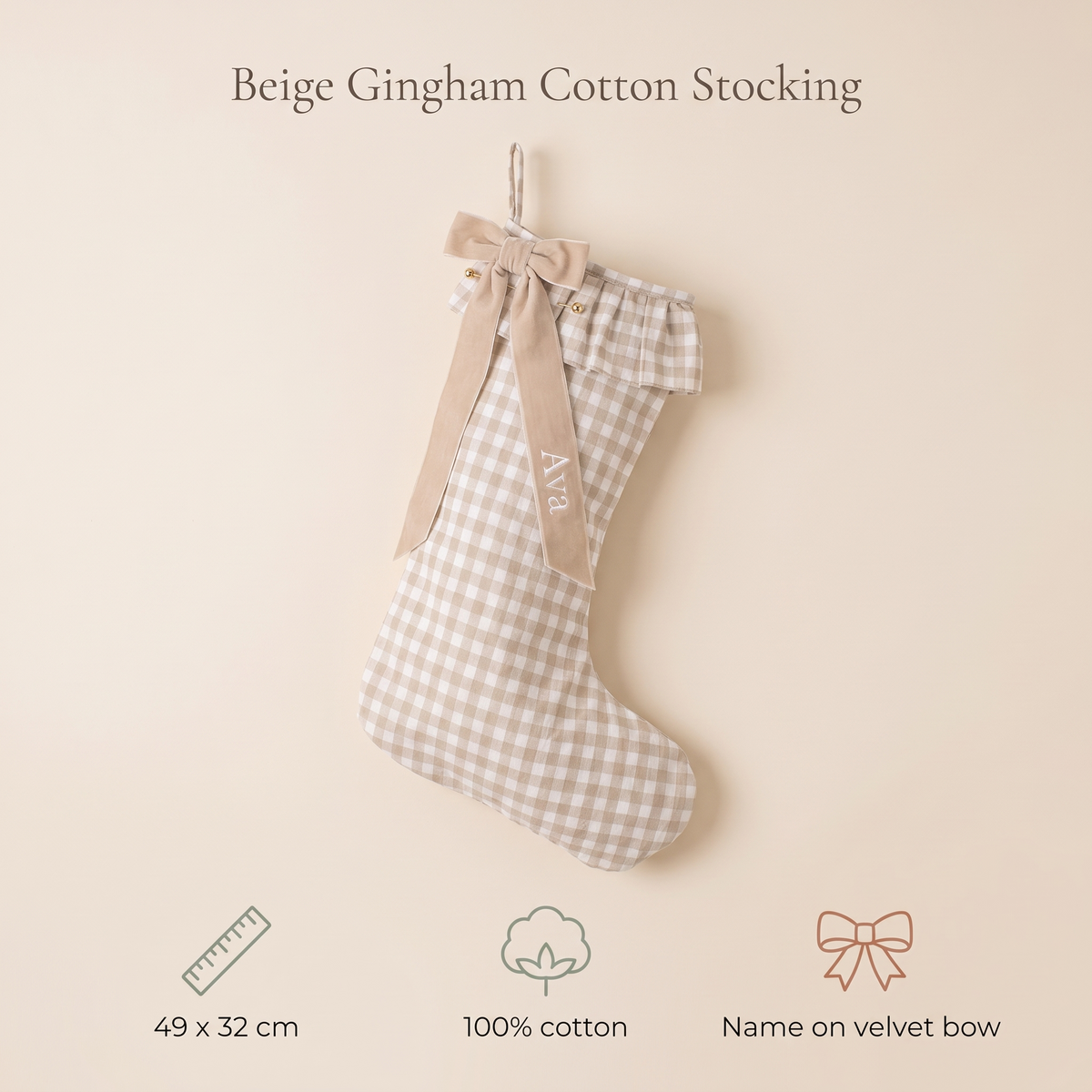 Little Teekie Personalised Gingham Christmas Stocking | Velvet Bow Name, 49x32cm – Beige – key features
