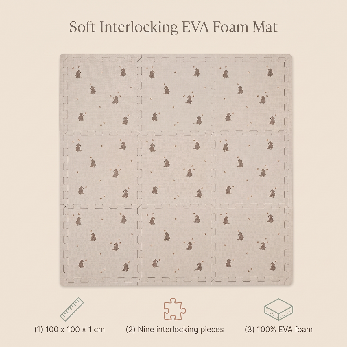 Little Teekie EVA Foam Play Mat | 100 x 100 cm, 9 Interlocking Pieces – Bees and Bears Print – key features